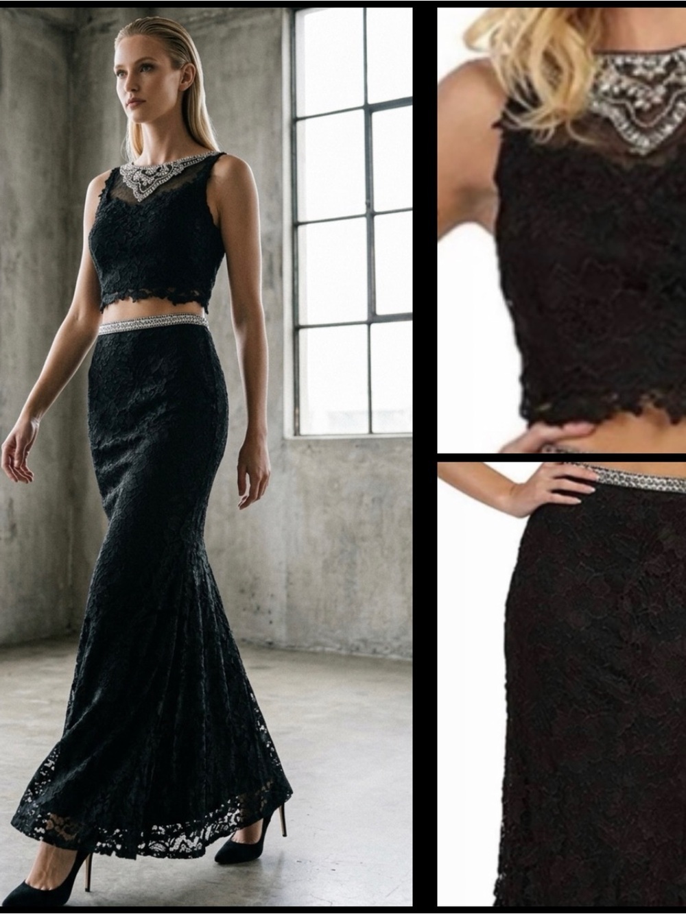Royal Queen Collection U.S.A. Jeweled Lace Motif Elegant Black Skirt Set Sz 8
